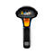 Schwarzer Barcode-Scanner mit orangem Griff und Details.