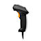 Schwarzer Barcode-Scanner mit gelbem Knopf und Öffnungen. Aufschrift: DO NOT STARE INTO BEAM.