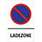 Traffic sign, red circle with red diagonal slash on blue circle. Text: Ladezone.
