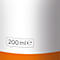 Detail of a white product with an orange stripe. It says 200 ml e in a gray field.
