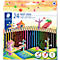 Set of 24 Staedtler Noris colored pencils in a colorful cardboard box. Illustrations and text are on the packaging.