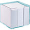 Square, transparent paper holder with a blue rim, filled with white notepaper.