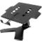 Support pour ordinateur portable noir avec étagère et supports réglables en hauteur.