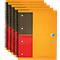Several orange notebooks with black spiral binding, brown and red accent.