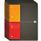 Spiral notebooks. A red and orange panel on the left. On the right is a grey notebook with "Notebook" and logos.