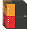 Top view of a stack of spiral notebooks with red, orange, and gray designs.
