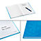 Blaues Notizbuch geöffnet. Auf einer Seite handschriftlich: Marketing Meeting, 26. April. Mit Stift. Unten Details.