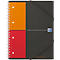 Schwarzes Oxford Meetingbook, orangefarbenes und rotes Papier, Spirale, Gummiband.