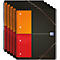 Mehrere schwarze Notizblöcke mit orange und roten Akzenten und Spiralbindung, mit Schriftzügen 'MEETINGBOOK'.