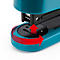 Close-up of a teal stapler with red arrows indicating the direction of opening and closing.