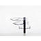 Transparent filing system with three tiers on a black post, against a white background.