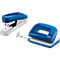 A stapler and a hole punch in blue and white. The hole punch has the inscription "NOVUS".