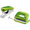 Two office supplies: a green stapler and a green hole punch with a white body.