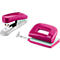 A pink stapler and a hole punch lie next to each other. Both have white elements.