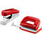 Red stapler and hole punch on white background. Both have the word NOVUS.