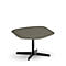Ein grauer Hocker mit Stoffbezug, auf schwarzem, sternförmigen Fuß. Der Hocker steht vor weißem Hintergrund.