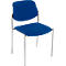 Blauer Stuhl mit Metallbeinen. Die Rückenlehne hat eine organische Form. Der Sitz ist quadratisch abgerundet.