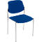 Blauer Bürostuhl mit silbernem Gestell und geschwungener Rückenlehne. Der Sitz hat eine quadratische Form.