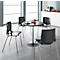 Vier Stühle um einen runden Tisch in modernem Design. Der Tisch ist mit Kaffee und Snacks gedeckt.