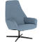 Moderne lichtblauwe gestoffeerde fauteuil met hoge rugleuning op een zwart draaionderstel.