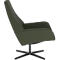 Moderne, donkergroene loungefauteuil met hoge rugleuning op een zwart vierpotig draaionderstel.