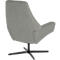 Achteraanzicht van een lichtgrijze gestoffeerde fauteuil met een zwart, vierpotig draaionderstel op een witte achtergrond.
