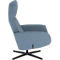 Blauwe fauteuil met hoge rugleuning op een zwarte stervormige voet tegen een witte achtergrond.