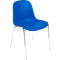 Blauer Stuhl mit Chromgestell, in leichter Schrägansicht.