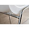 Detailaufnahme eines weißen Stuhls: Sitzfläche, Metallrahmen. Hintergrund: Holzoptik.