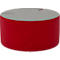 Runder, roter Hocker mit grauem Sitzkissen. Oben eine Nut.