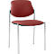 Stuhl mit roter Sitzfläche und Rückenlehne, Metallbeine. Schwarzer Rahmen, minimalistisches Design.