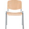 Chair with light wooden back and seat, silver metal legs, front view.