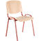Chair in profile: wooden backrest and seat, red metal frame.