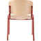 Back view of a chair with wooden back and red metal frame. The seat and backrest are made of light wood.