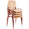 Stacked chairs with wooden seats and reddish-brown metal frames. The chairs are nested.