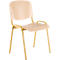 A chair made of wood and yellow metal. The seat and back are light, the frame is yellow.