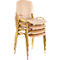Stacked chairs with light brown seats and backrests, yellow metal frame.