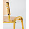 Close-up of a yellow chair with a wooden back and seat. Black screws connect the parts.