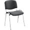 Gray chair with metal frame. Upholstered seat and backrest. Armrests and legs made of shiny metal.