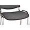 Close-up of a gray fabric chair with a chrome frame. The seat has a rounded shape with black edges.