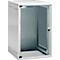 Open, witte serverkast met glazen deur en slot.