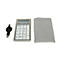 Grey wireless numeric keypad with USB cable and grey pouch on a white background.