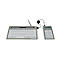 Grey keyboard with separate number pad, connected by cables, on a white background.