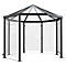 A hexagonal gazebo with glass walls and roof, gray frames, against a white background.