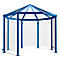 Blue octagonal pavilion with transparent walls and roof, metal frame.