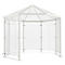 White, octagonal pavilion, open fronts, clear windows, white roof, straight frame.
