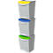 Three grey trash cans stacked with yellow, blue and green lids.