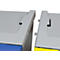 Close-up of two grey plastic boxes. Detailed view of the connection, screws and edges visible.