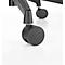 Close-up of black chair wheels and legs on a white background.