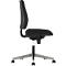 Black office chair, side view. Backrest and seat are black. Five-arm, silver-colored frame with wheels.